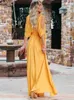 Basic Casual Dresses Boho Chiffon V-Neck Off Shoulder Sleeve Slit Tunic Dress Women 2023 Summer Elegant Solid Color Beach Wear Maxi Dresses A1445 240419