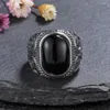 Cluster anneaux 925 Ring de bijoux en argent sterling naturel 10 mm Big Black Agate Stone Vintage pour les cadeaux de fête des femmes