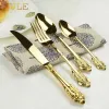 Vintage Western Gold Plated Cutlery Dining Knives Forks Teaspoons Set Golden Luxury Dinnerware Engraving Tableware ZZ