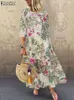 Podstawowe sukienki swobodne Zanzea Summer Women O Neck 3/4 Rękaw Maxi Sundress Vintage Kaftan Beach Vestido Robe Femme Bohemian Floral Print Sukienka 240419