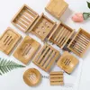 Natural Dishes Wooden Simple Bamboo Dish Soap Holder Rack Plate Tray Round Square Case Container C0513 es