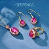 Pendant Necklaces GEEZENCA Red Corundum 925 Silver Enamel Earrings Pendant Ring For Women Vintage Luxury Gold Plated Jewelry Sets Without Chain 240419