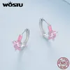 Boucles d'oreilles cerceaux wostu réel 925 Sterling Silver Pink Heart Zircon Belle Cindy Color Huile Imprimé Crimes d'oreille Girou