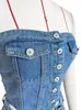 Traccettaci da donna Donne Cargo Denim da 2 pezzi Set singolo a petto canova senza spalline Tops multipli Shorts Shorts Shorts Stretch Jeans Culotte