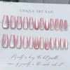 False Nails 24pcs Long Coffin Cat Eye False Nails French Shiny Pink Cats Eye Fake Nails with Flower Pattern Design Press on Nails for Girls Y240419