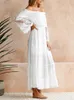 Basic Casual Dresses White Lace Long Dresses Women Sexy Off Shoulder Backless Chiffon Dress Ladies Casual Loose Flare Sleeve Boho Beach Holiday Dress 240419