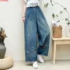 Jeans feminino Spring Mulher Ethnic Style 2024 Vintage Bordado Bordado Floral lavado solto cintura elástica jeans reta calças de perna larga