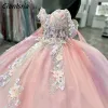 Rose rose 3d en dentelle de dentelle perles perles robe de boule quinceanera robes sur l'épaule vestidos corset de 15 anos