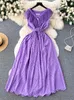 Casual Dresses Summer Women Red/Orange/Purple Hollow Out Brodered Dress Vintage V-Neck Mesh Ruffle High midje Party Vestidos Female Robe