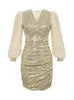 Casual Dresses Ladies Shiny Gold Sequin Short Stretchy Women Clothing Mujer Elegant Luxury Sexy V-Neck Boycon Dress Vestidos Fiesta