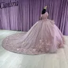 LILAC 3D Fleurs paillettes Appliques en dentelle Quinceanera Robes Ball Robe de l'épaule Ruffles Corset Vestidos de 15 anos