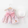 Girl Dresses 2Piece Sets Summer Toddler Clothes Korean Cute Bow Flowers Sleeveless Princess Baby Sunhat Beach Kids Dress