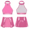 Women's Swimwear Womens Glossy Patent Leather Lingerie Set O Ring Halter Backless Sleeveless Crop Top With Open Front Miniskirt Rave