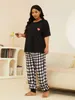 Women's Sleep Lounge Plus Size Womens Pajamas Set Scew Neck Plaid Love Print Summer Short Sleeves Sleepwear Drawstring Long Btoom Nightwear Clothes d240419