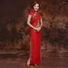 Vestidos de festa Red Rodty Renda Cheongsam Dressam Vintage estilo chinês Long Qipao feminino Slim Retro Lady Cloths Vestidos S-2xl