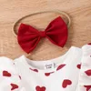 Girl's Dresses 2pcs Baby Girl Heart Print Ruffled Short-sleeve Faux-two Bow Front Dress Headband Set Soft and Comfortable d240419