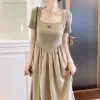 Ontwerper Casual jurken voor vrouwen merk zomer nieuwe klassieke vierkante nek geplooide jurk met korte mouwen hoge taille a-line rok