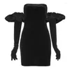 Robes décontractées bkld mode élégant robe noire de bûche d'épaule bodycon mini fête sexy weet manche bouffée vintage avec gants