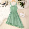 Girl's Dresses 2024 Green Dress For Kids Girl Clothes 8 9 10 11 12 Years Old Summer Camisole Children Dress Flounce Birthday Party Formal Dress d240419