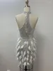 Casual Dresses Women Christmas Sexy Key Hole Mesh Sequins Silver Feather Mini Dress 2024 Elegant Party Evening Stage Performance Vestido