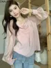 女性のブラウスonalippaパフ長袖ピンクブラウス女性ソリッドルーズシフォンサテンパッチワークシャツ韓国の甘いスイングカラープルオーバー