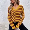 Kvinnors tröjor Autumn/Winter Pullover Sweater Design Sense New V-Neck Minimalist Striped Plaid Knit Tweater For Women Plus Size T Shirt Tops