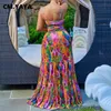 Cmyaya Elegante Frauen Spaghetti -Gurtausschnitt Taille hohe Taille Big Swing Fit und Flare Maxi Langes Kleid Beach Sexy Boho Kleid 240411