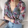 Damenbluse Dressy Blusen Puff -Knopf Frauen Top vneck bedruckte Ärmel Mode Lange Chiffon Ladies Shirts Blusa Feminina 240412