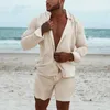 Shorts para hombres Men Sets Hawaiian Beach 2022 Summer de manga larga Camiseta de cuello pantalón 2 piezas 2 piezas de algodón de lino de algodón sets 240419 240419
