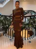 Sukienki swobodne eleganckie mesh patchwork seksowne sukienki imprezowe kobiety długie rękawy patrz przez bodycon Maxi Evening Club Vestidos 2024