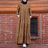 Ropa étnica mujeres maxi vestir eid musulmán abayas estampado de cuello de cuello de cuello largo retro zumba marruecos suelto plisado plisado con bolsillos femme