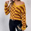 Kvinnors tröjor Autumn/Winter Pullover Sweater Design Sense New V-Neck Minimalist Striped Plaid Knit Tweater For Women Plus Size T Shirt Tops