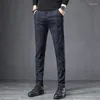 Męskie spodnie jesień szczotkowana kraciona moda Koreańska elastyczna bawełniana bawełniana szczupła prosta praca