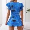 Women's Swimwear 2024 Blue Print Skirt Swimsuit For Women Conservative Tankini Bikini V-neck Lace-up Summer Beach Bathing Suit