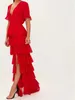 Festklänningar mode Kort ärm aftonklänningar V-Neck Tiered Design Side Split Lång röd chiffongklänning för speciella tillfällen