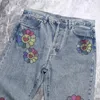 Women's Jeans High Street Washing Do Old Colorful Diamond Sunflower Straight Leg Loose Fashion Men Women