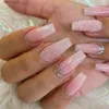 False Nails 24Pcs Gradient Pink False Nails with glue Wearable French Fake Nails coffin Ballet Press on Nail rhinestones artificial Manicure Y240419XV04