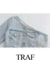 Traf Womens Asymmetrical Tops Denim One Shoulder Long Sleeve Pockets SingleBreasted Female Fashion Summer Crop 240407