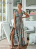 Grundläggande casual klänningar Paisley Print V-hals Maxi Dress for Women Sexig Cap Sleeve Holiday Beach A-Line Dress 2023 Summer Female Sundress 240419