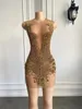 Sexy Sheer See Through Black Girl Short Prom Dress Golden Diamond Luxury Beaded Crystals Women Cocktail Party Gowns For Birthday 240403