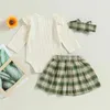 衣類セット秋の幼児の女の赤ちゃんフォールジャンプスーツセットソリッドカラーフリル長袖のロンパー格子縞のa-lineスカートボウヘッドバンド
