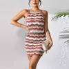 Basic Casual Dresses Designer Dress Sexy Hollow Knitted Suspended Dress Summer Slim Fit Stripe Mid length Knitted Dress