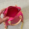 Women Designer Mini Pillow Bag Handbag Glossy Patent Leather Embossed Pattern Top Handle Gold Metal Chain with Flower Charm Lovely Zipper Shoulder Cross Tote Purse