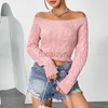 Kvinnors tröjor Sexig navel utsatt kort stickad tröja, bär en rak halsringning, smal passform, söt rosa tröja för kvinnor mode t -shirt toppar