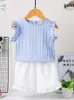 Girl's Summer Ruffled Fly Sleeved T-shirt and Shorts Set, Stylish and Cute Sleeveless Top, 2-piece Set