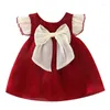 Robes de fille robe d'anniversaire de luxe d'été pour bébé coréen mignon arc manche en maille rouge princesse kids vêtements pour nourrissons bc1509-1