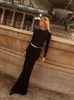 Casual Dresses Sexig O Neck Backless Diamond Chain Belt Maix Dress Women Black Long Sleeve Crystal Sashes Design Bodycon Celebrity Evening