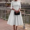 Casual Dresses Women Elegant Crew Neck A-Line Party Dress 2024 Spring Solid Lace-Up Hem Kne Autumn Three-Quarter Sleeve Kvinna