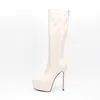 2024 Lady Sheepskin Patent Leather Stiletto High Heels Knight Boots Pleated Knee Booties Zipper Women Platform Long Booties Pille Toe Wedding Shoes Big Size 34-45