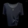 Kvinnors T -skjortor PREPOMP 2024 Summer Collection Short Sleeve Letter Rhinestone Chain Necklace Design Knitting Shirt Women GP899
